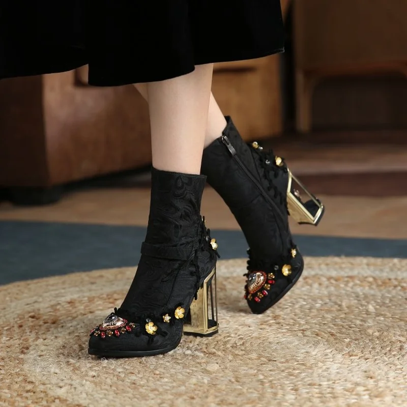 

new arrival2021 Fashion Hot Sale Women's Ankle Boots Women'sHollow High Heels Ethnic Style String Jewelry Stone Girls High Heels