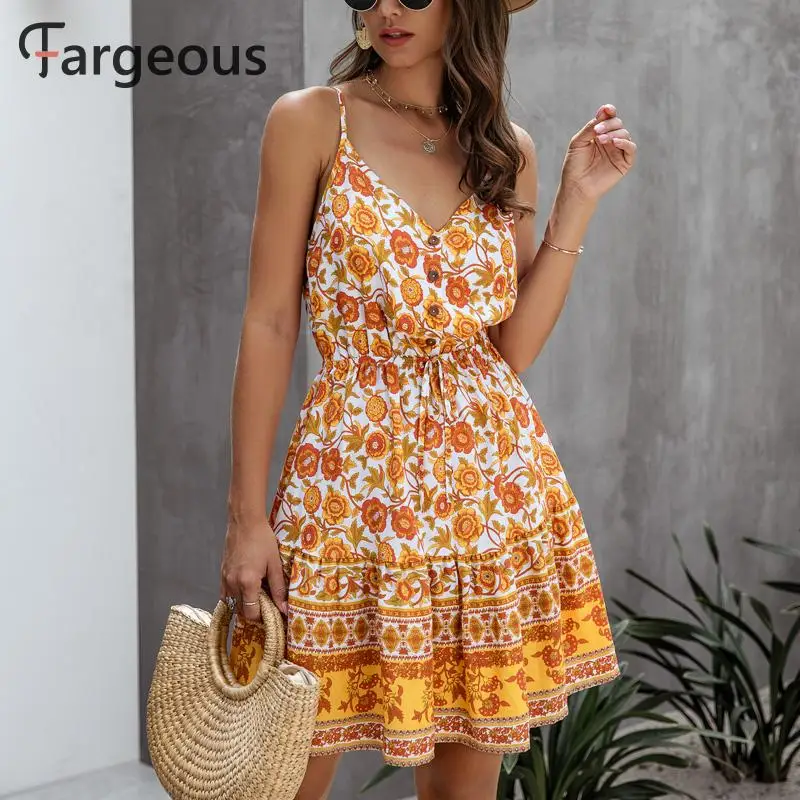 Fargeous Boho принт спагетти ремень сарафан для женщин 2020 летнее повседневное с