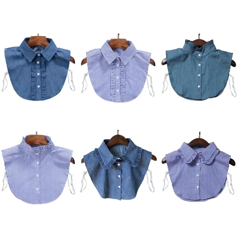 

Minimalist Stripes Denim Women Detachable Lapel Fake Collar Cute Ruffles Lace Splicing Button Down False Half Shirt Blouse