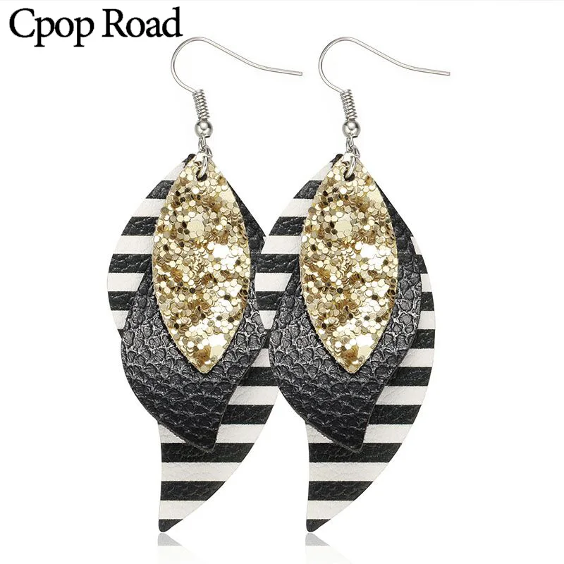 Женские серьги из искусственной кожи с золотым блестящим листом и зеброй Красная