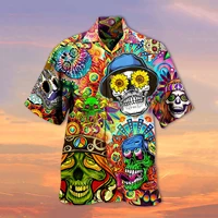 short sleeve shirt men summer skull loose baggy casual hawaii holiday beach shirt print tee tops buttons blouse national style