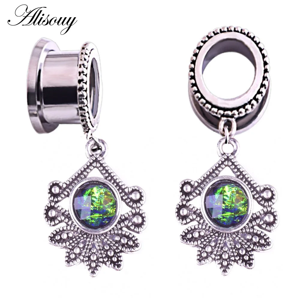 EM0875E Leaf Gem Alisouy 2 шт. ушные туннели и Плаги плоти 6-30 мм нержавеющая сталь, Висячие Серьги Туннели расширитель Набор ушко ювелирные изделия для пирсинга тела - Окраска металла: EM0875E Leaf Gem