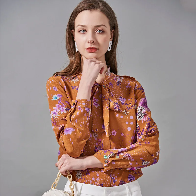Women's Blouses and Tops Silk yellow Floral Printed Office Formal Casual Shirts Plus Large Size Spring Summer Sexy Haut Femme