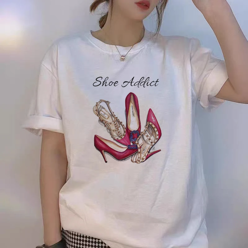 

Women T Shirt Cosmetics Nail Art Print Fun Summer Short-Sleeve Harajuku Women's T-Shirt 90s Girls Female Tops High Heel Boots