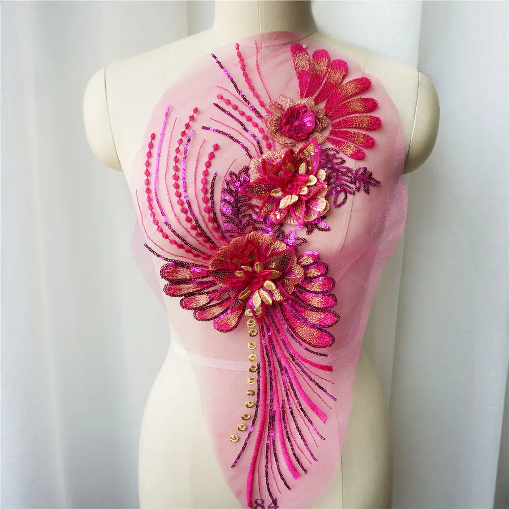 Rose Red Белая, черная, 3D Цветочная кружевная ткань с золотыми пайетками, вышитая одежда с кисточками, аппликация, воротник, нашивка для свадьбы, украшения на платье, сделай сам - Цвет: Rose Red