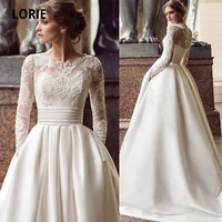 lorie 2020 long sleeve lace wedding dresses satin boho back button bridal gowns a line beach princess party gowns with pockets