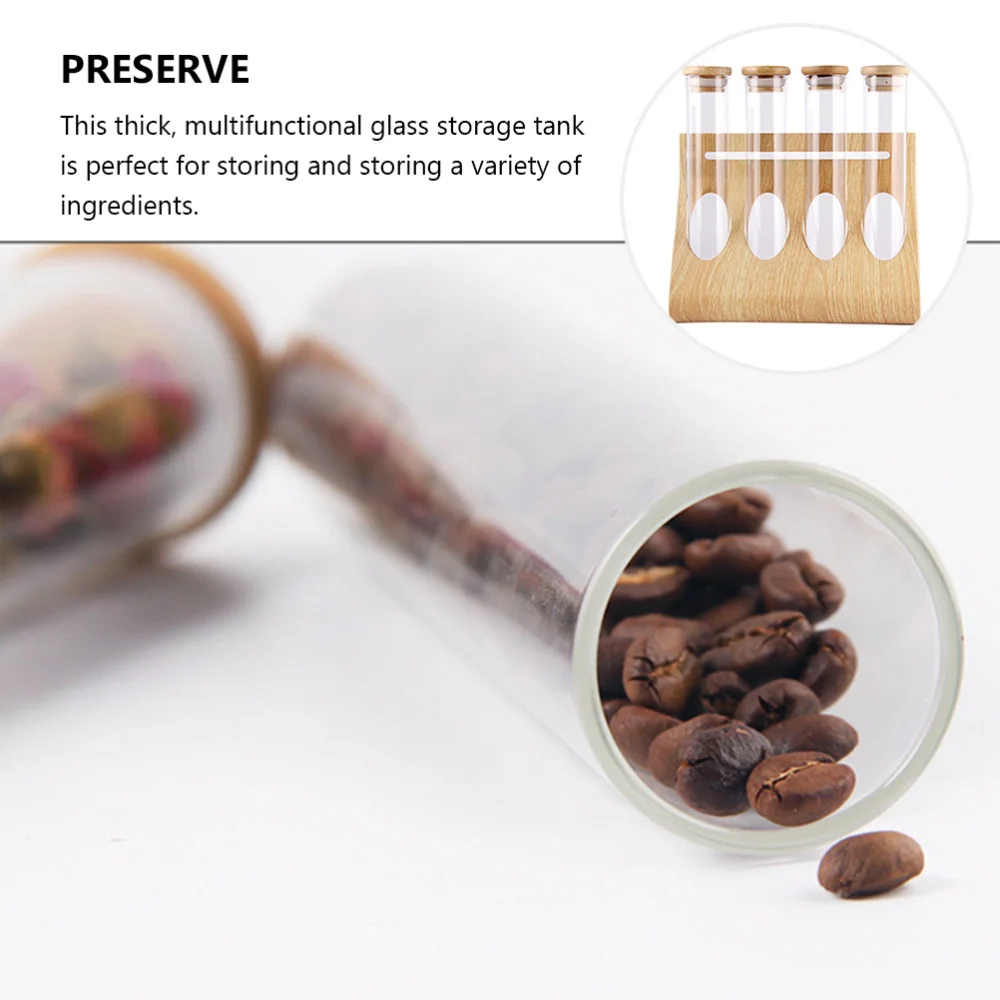 

1 Set Display Rack Wooden Rack with Four Transparent Coffee Bean Bottles