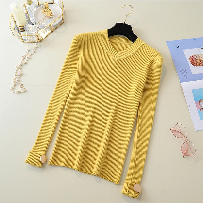 Female Knit V-Neck England Style Sweaters Basic Women autumn Winter Long Sleeve Pullovers feminine Soft Orange Tops jumpers 2019 | Женская