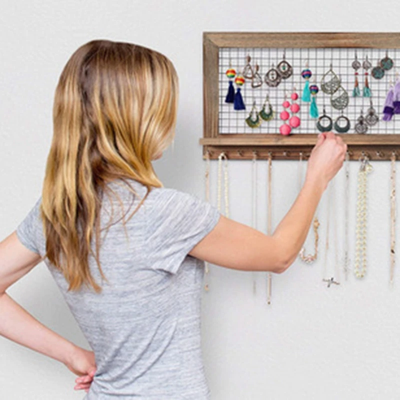 

Home Decoration Rustic Brown Jewelry Organizer Wooden Wall Mounted Holder for Earrings Necklace