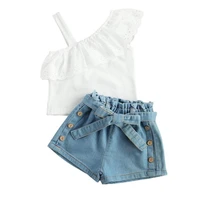 2021 toddler girls 2pcs summer outfits strap one shoulder ruffle tops belted denim shorts set baby girl outfit for 1 6 years