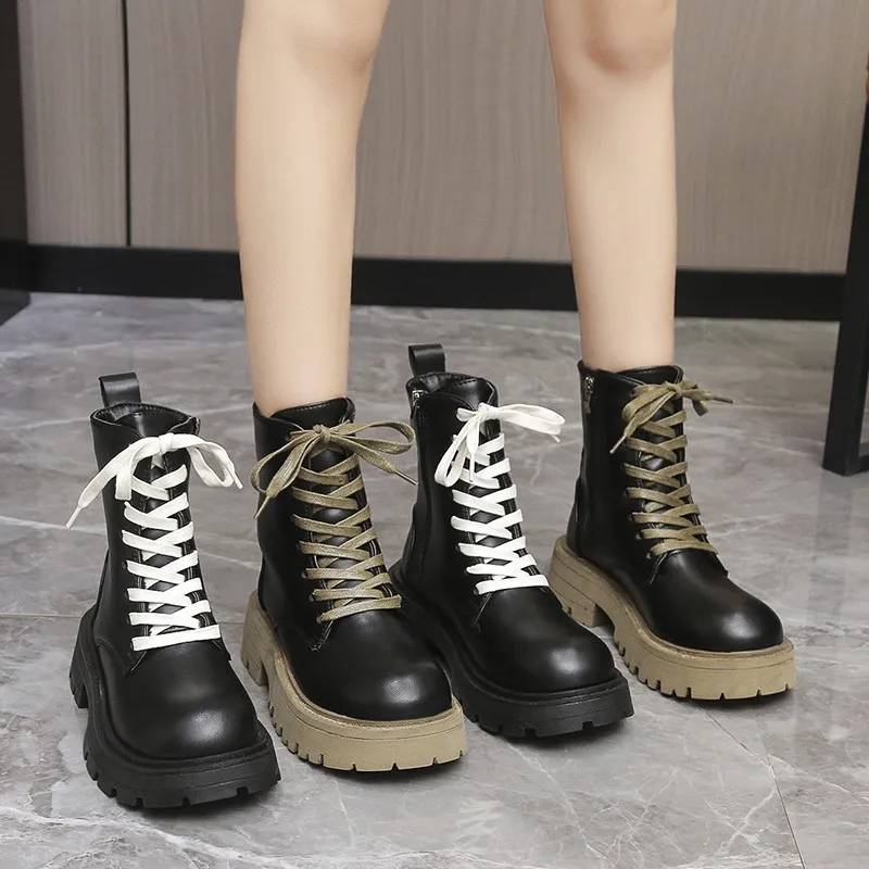 Women's Ankle Boots New Winter Fashion Boots Women's PU Leather Platform Thick Heels Ladies Lace-up Zipper Warm Boots