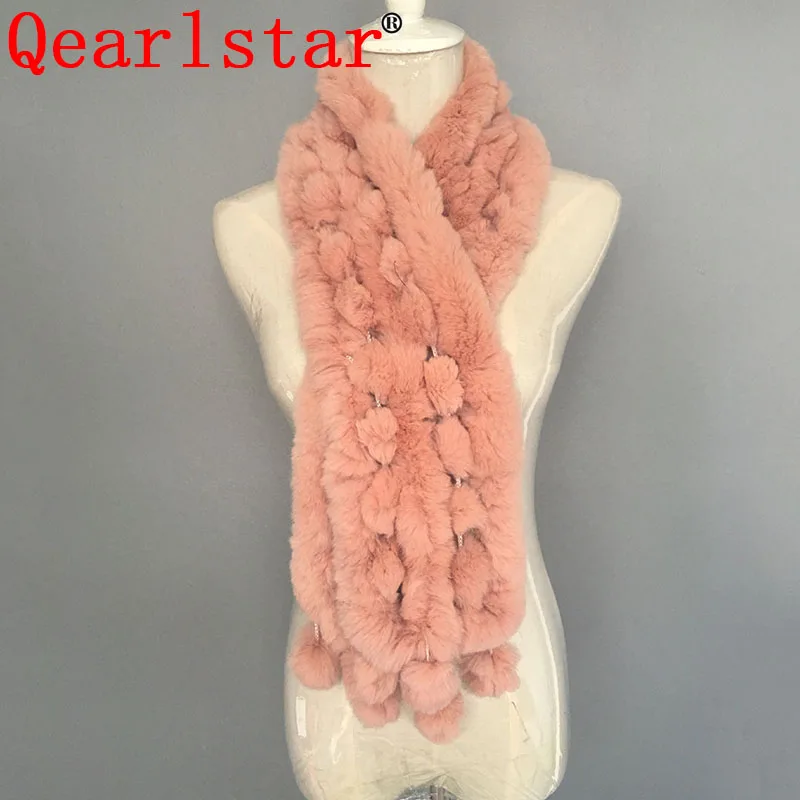 Qearlstar настоящий мех кролика шарфы супер длинные роскошные 110*17 см женский шарф из натурального меха ручной работы вязаный теплый обёрточная бумага глушитель CAA20