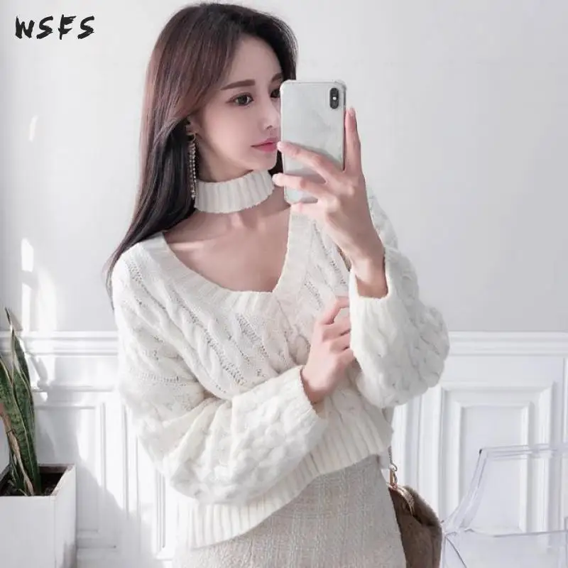 

Spring Winter Short Sweater Women Oneck Red White Loose Korean Knitted Elastic Drawstring Sexy Bandage Casual Top Ladies Clothes