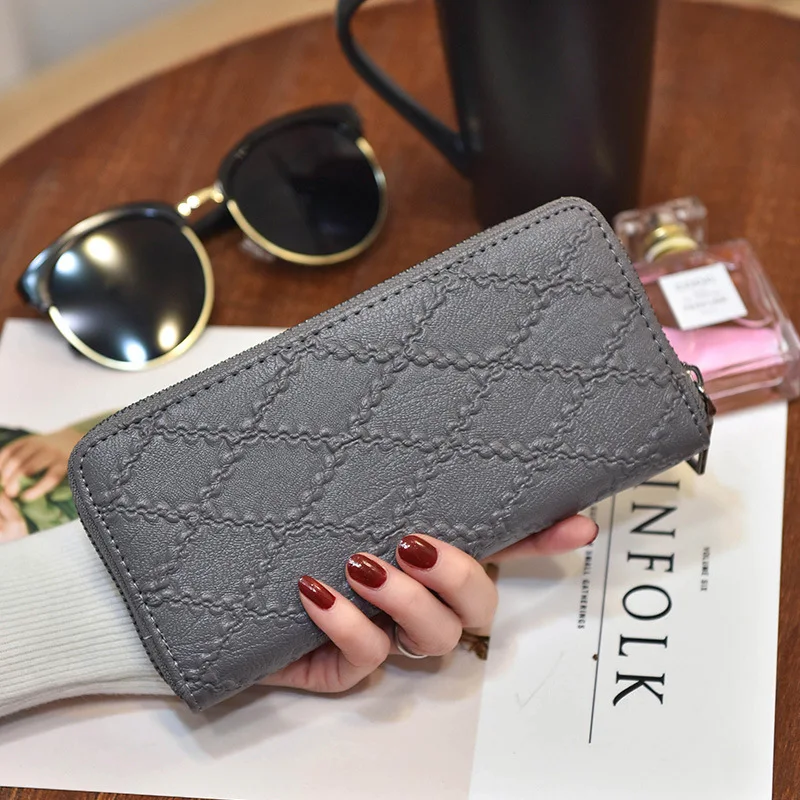 

New Simple Long Women Fashion Diamond Lattice Clutch Bag Zipper PU Leather Coin Purse Ladies Wallets Card Package