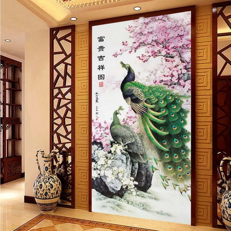 

Drop Shipping Custom 3d Mural Auspicious Peacock Figure Mysterious Strokes Decorative Painting Stereo Wallpaper Custom Mural