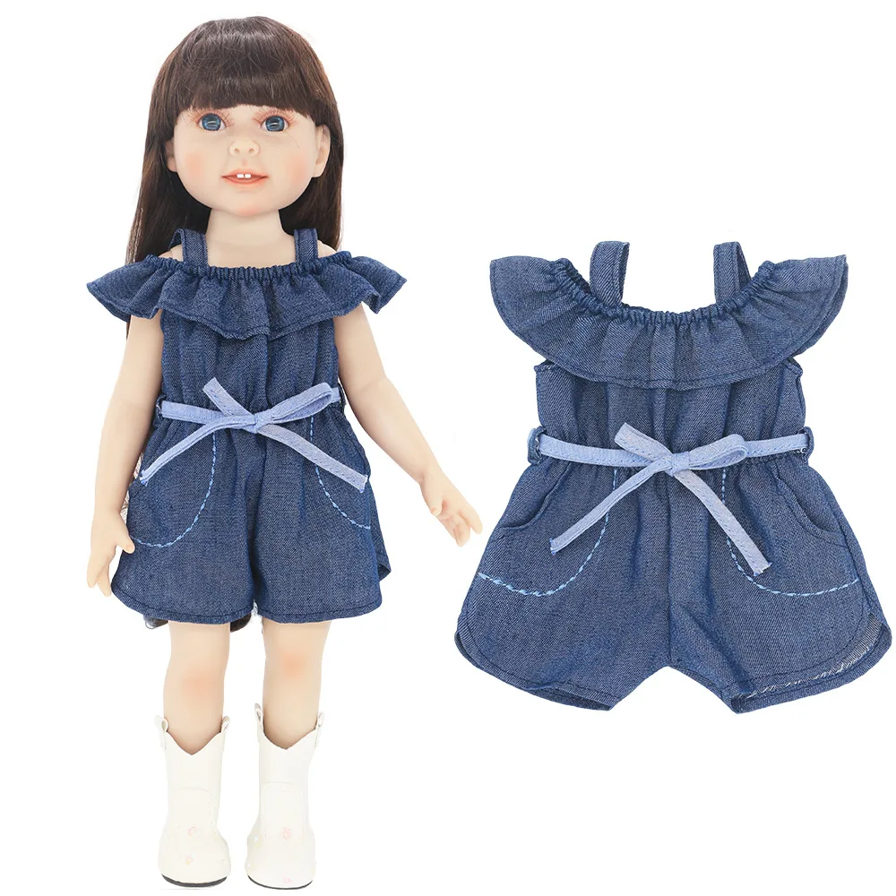 Джинсовое платье комбинезон 18 дюймов американское поколение Кукольное с бантом