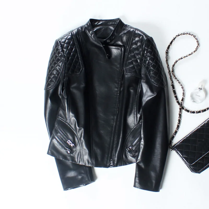 

Real New Autumn Winter 2020 Sheepskin Leather Coats Locomotive Leather Jacket Women fashion Pockets Female short Coat