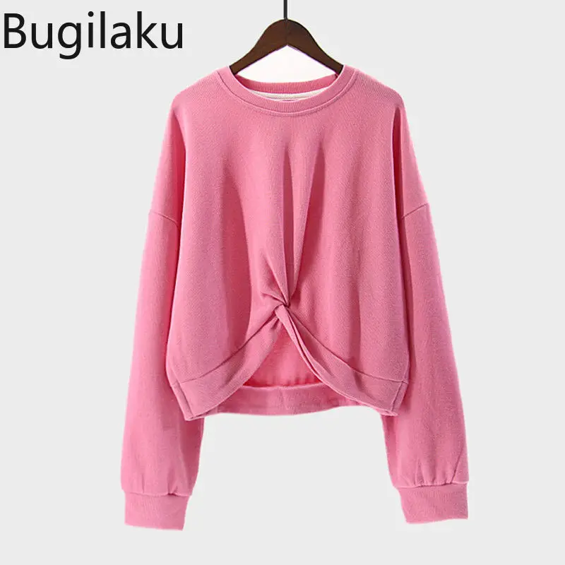 

Bugilaku O Collar Twist Knot Sweatshirt Women Korean Style Loose Solid Color 2021 New Autumn Clothes Long Sleeve Casual Hoodies