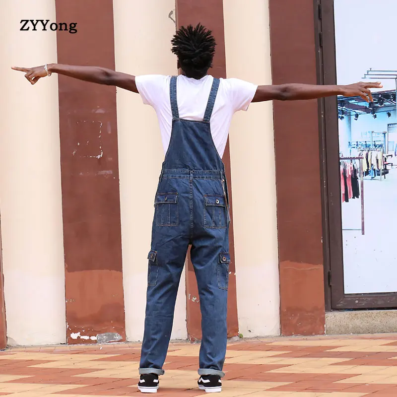 ZYYong European American tide brand hip-hop one-piece denim overalls men's Japanese retro loose pockets large size 30-46