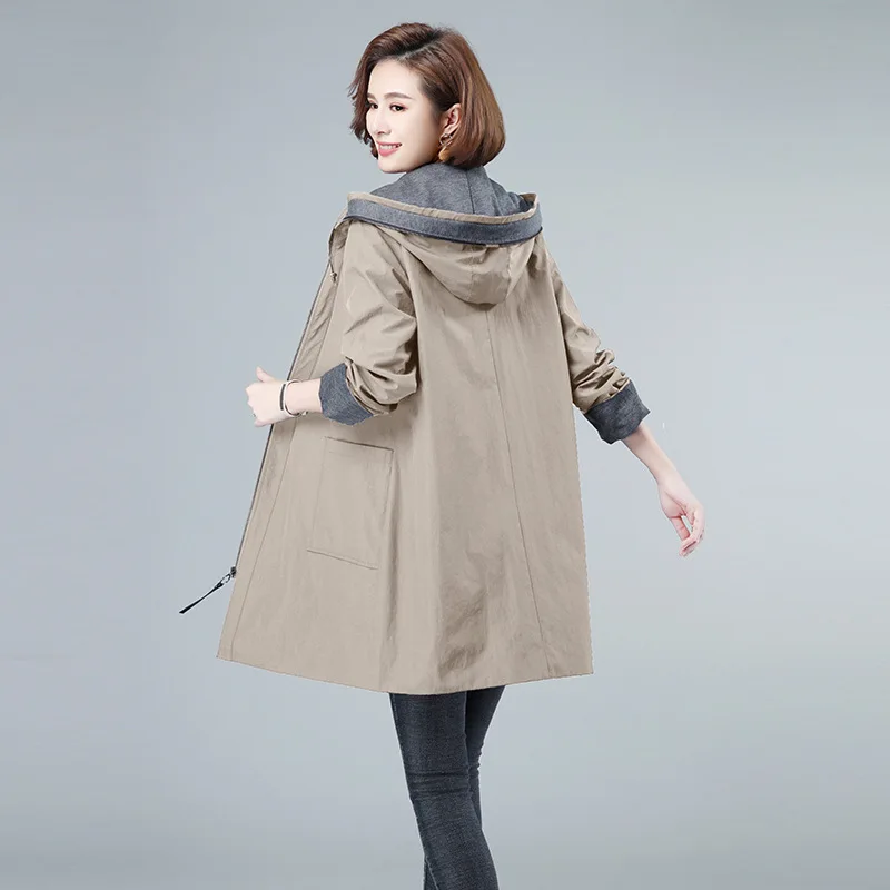 

Elegant Female Windbreaker Middle-aged Mother Loose Long-sleeved Cotton Trench Coat Hooded Women's Casual Outwear Autumn Cloth