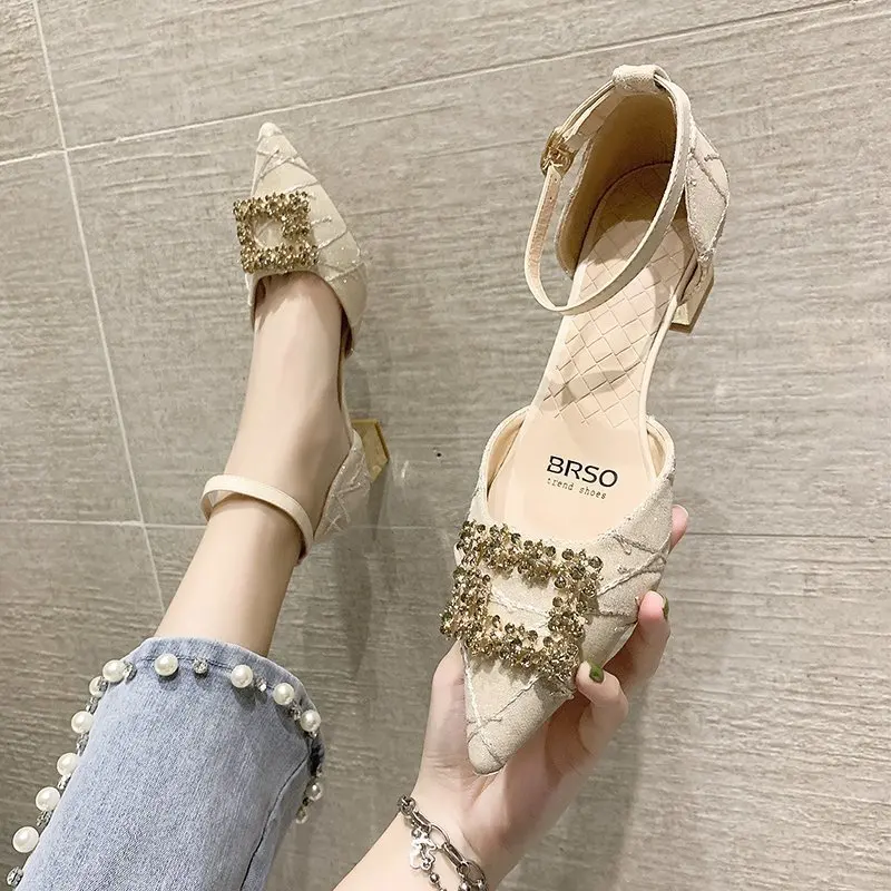 

2021 Sandals Female Shoe High Heels Buckle Med Mary Jane New Girls Low Comfort Spring Beige Summer High-heeled Rhinestone Fashio