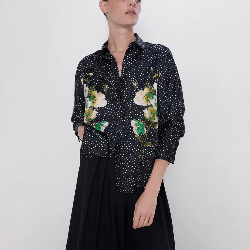Женская блузка в горошек Za осенняя рубашка с длинными рукавами и цветочным