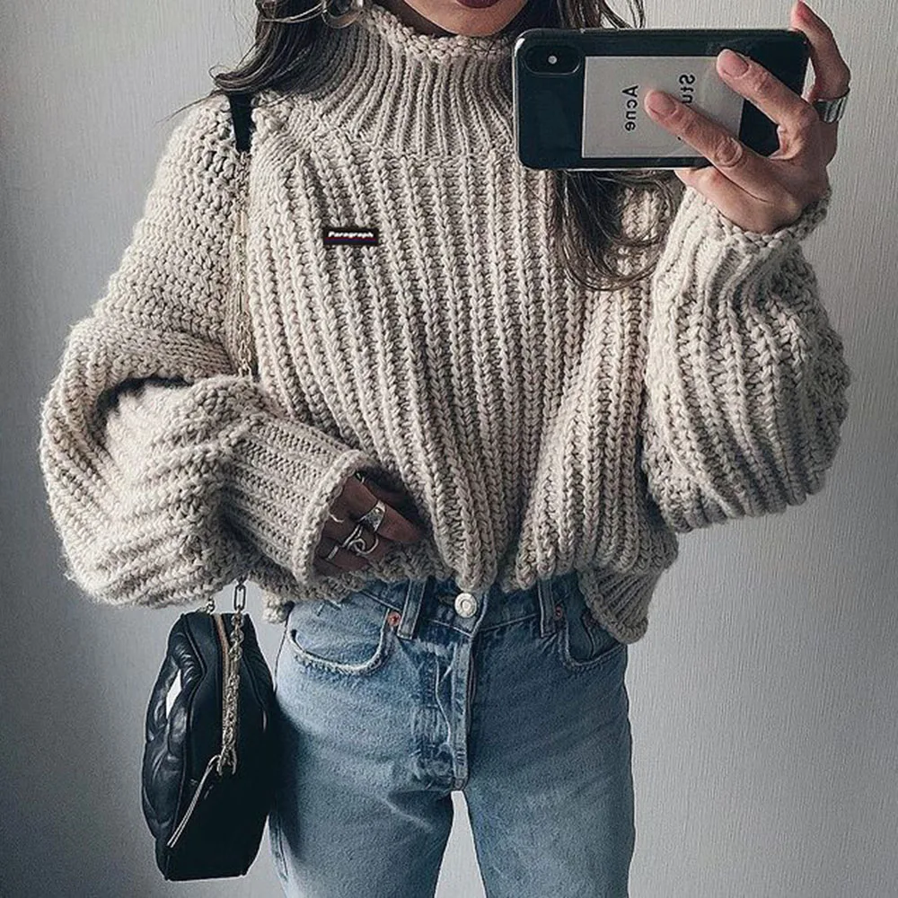 

New Women Thicken Knits Sweater Casual Fashion Solid Long Sleeve Round Neck Loose Pullover Wool Lantern Sleeve Winter Lady Tops