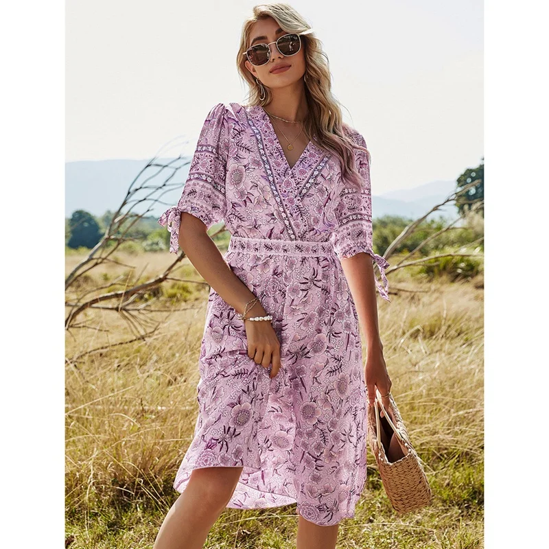 

Beach Style A-Line Floral Bow Bandage Dress Women Casual V-Neck Knee-Length Boho Elegant Half Sleeve Dress