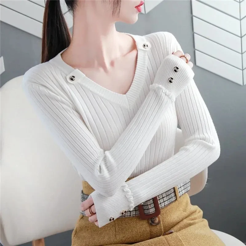Женский трикотажный свитер с V-образным вырезом на весну/осень | Женская одежда