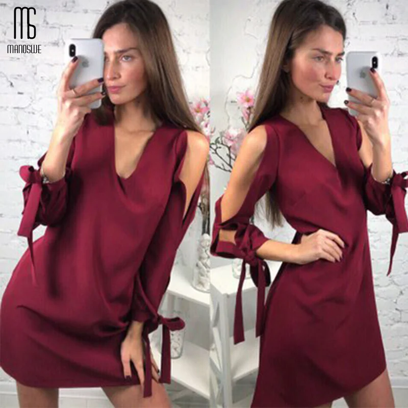 Женское атласное короткое платье Manoswe вечернее с длинным рукавом однотонное мини