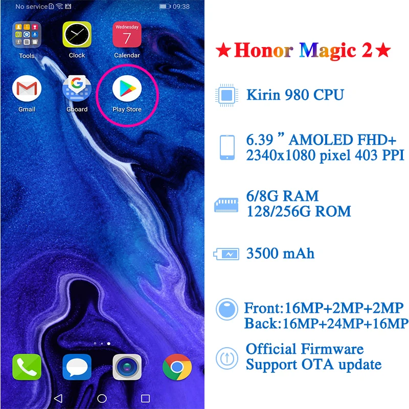 HONOR Magic 2, мобильный телефон, 6,39 дюймов, 8 ГБ, 128 ГБ, Kirin 980, четыре ядра, Android 9,0, In-Sceen, отпечаток пальца