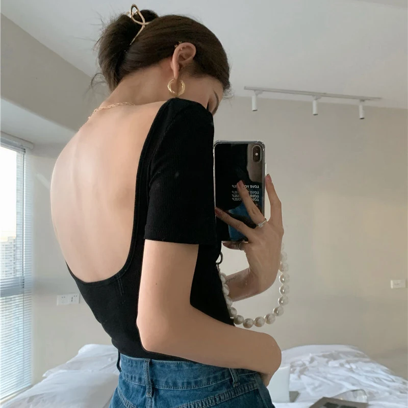 

Slim Tees Backless O-neck Low-cut Summer Sexy Style Y2k Crop Top Fashion Korean 2021 Woman Tshirts Black Skinny Ladies New