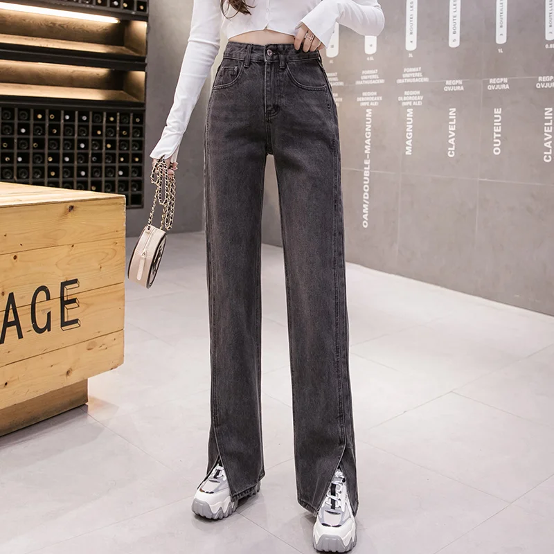 

Women's jeans 2020 autumn new split straight leg pants loose high waist thinner women drape wide leg pants