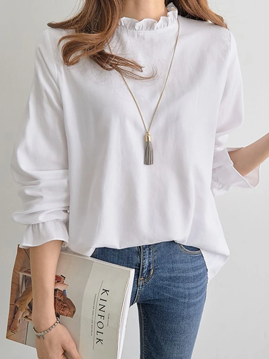 Женская офисная блузка с длинным рукавом белая однотонная воротником стойкой