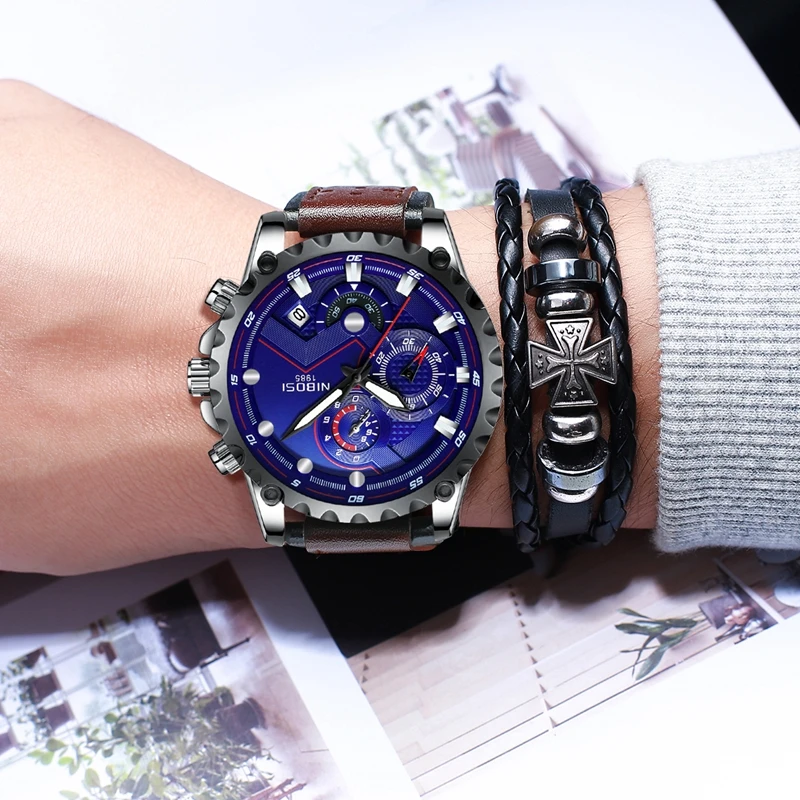 

NIBOSI Mens Watches Top Brand Luxury Casual Leather Quartz Clock Male Sport Waterproof Watch Blue Watch Men Relogio Masculino