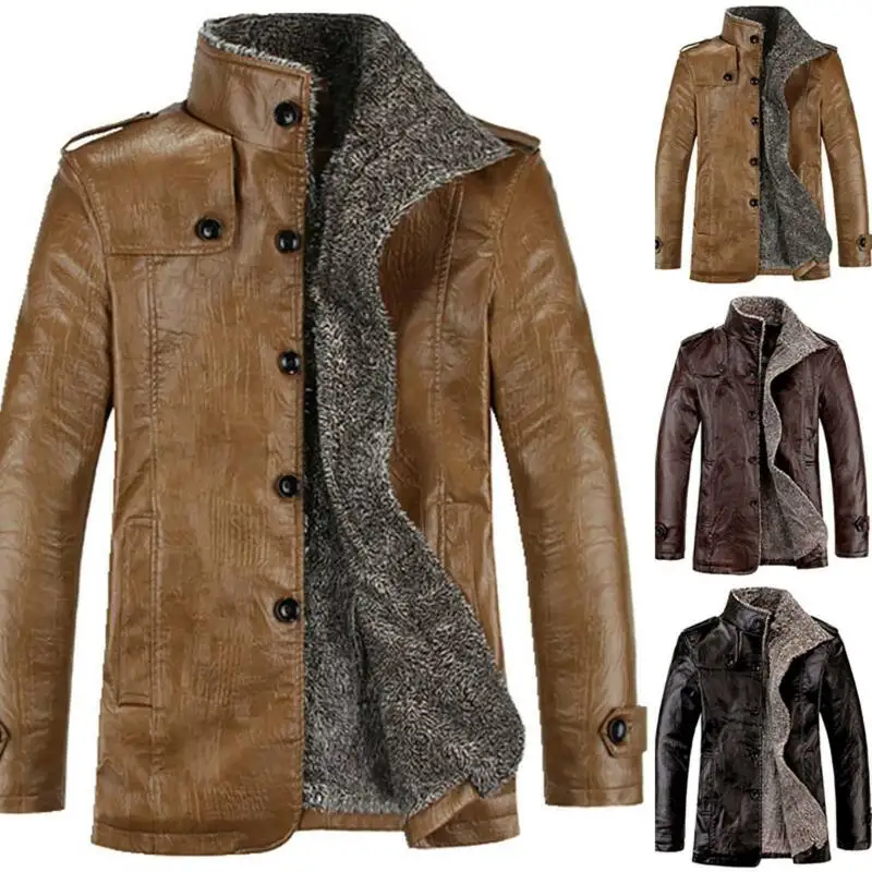 

Men Leather Lamb Fur Trench Coat Biker Cowboy Jacket Warmer Winter Overcoat
