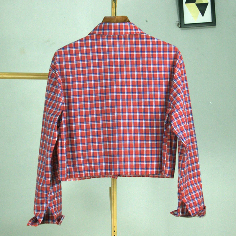 

Casual Plaid Blouse Women 2020 Spring Autumn Korean Fashion Long Sleeve Crop Top Kawaii Double Pockets Plus Size Women Shirts