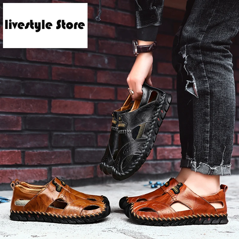 

2021 New Genuine Leather Men Shoes Outdoor Lightweight Flats Summer Shoes Comfort Beach Casual Men Sandals Big Size 48