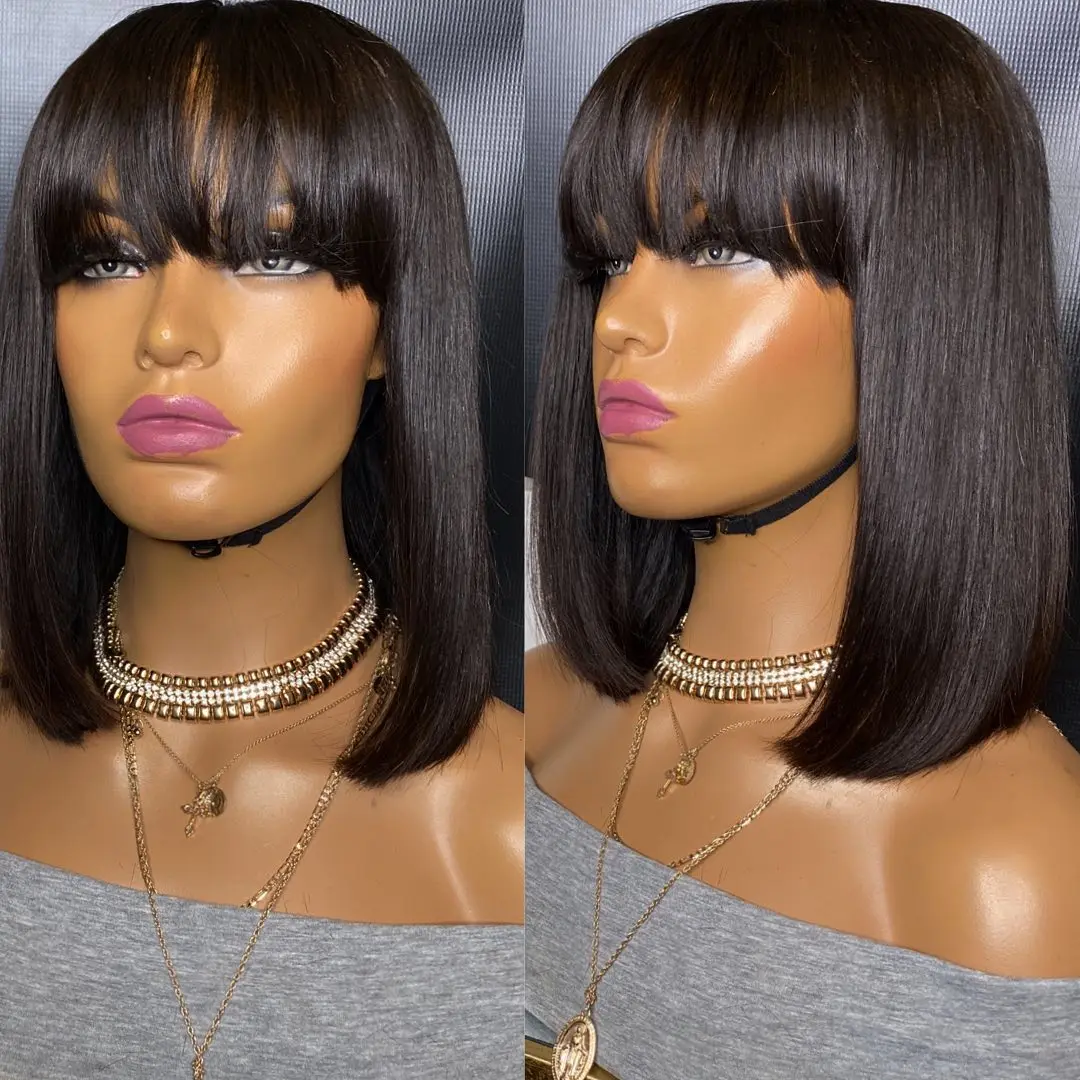 Short Bob Human Hair Wig With Bangs Fringe Cheap Full Machine Made Glueless For Black Women Straight Virgin Brazilian Pixie Cut | Шиньоны и