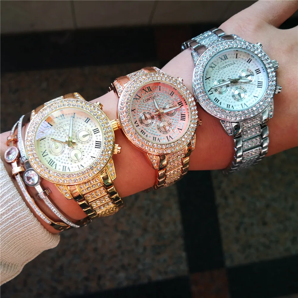 Reloj Mujer, новинка, золотые, серебряные, розовые, золотые, Известный Топ бренд, Роскошные, Contena, женские Стразы, полностью бриллианты, женские часы под платье