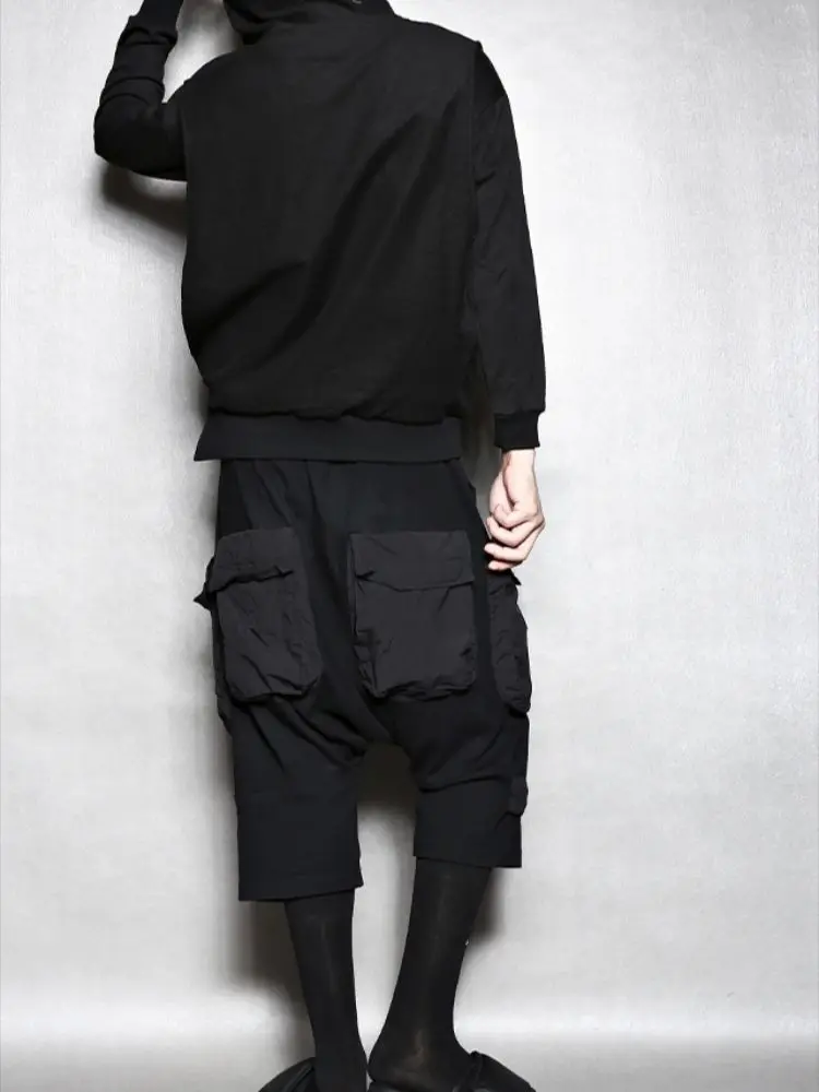 Men's Low Crotch Harun Pants Spring And Autumn New Solid Color Stretch Waist Multi-Pocket Personality Tapered Pants Shorts