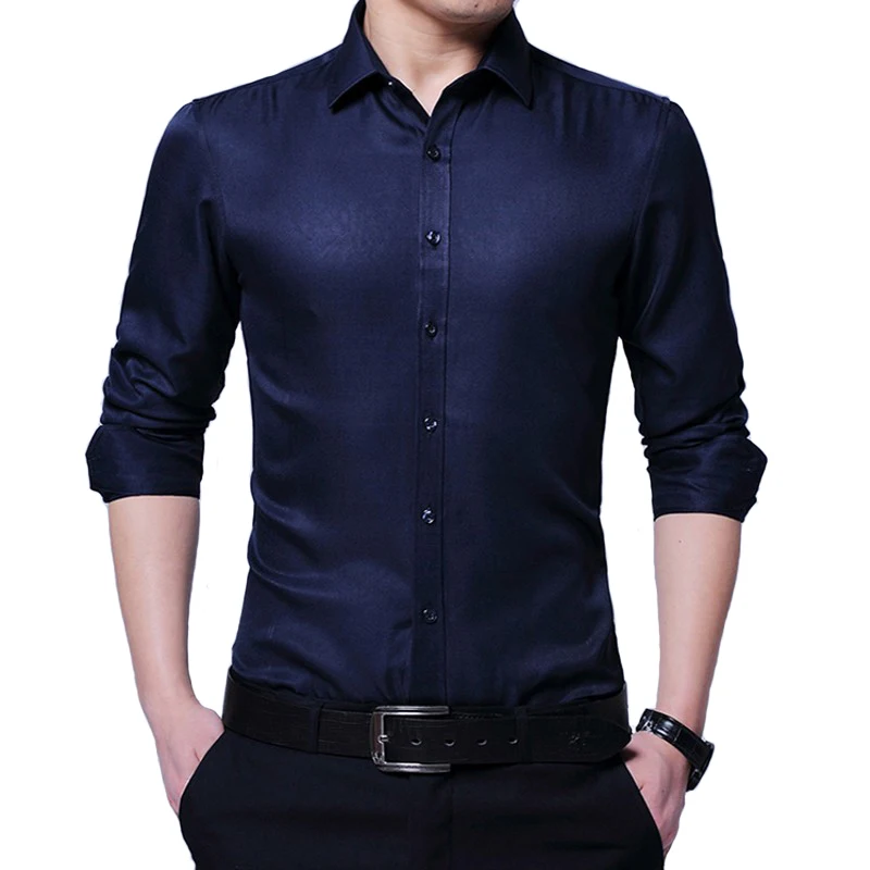 Мужская деловая рубашка с длинным рукавом однотонная Облегающая для отдыха