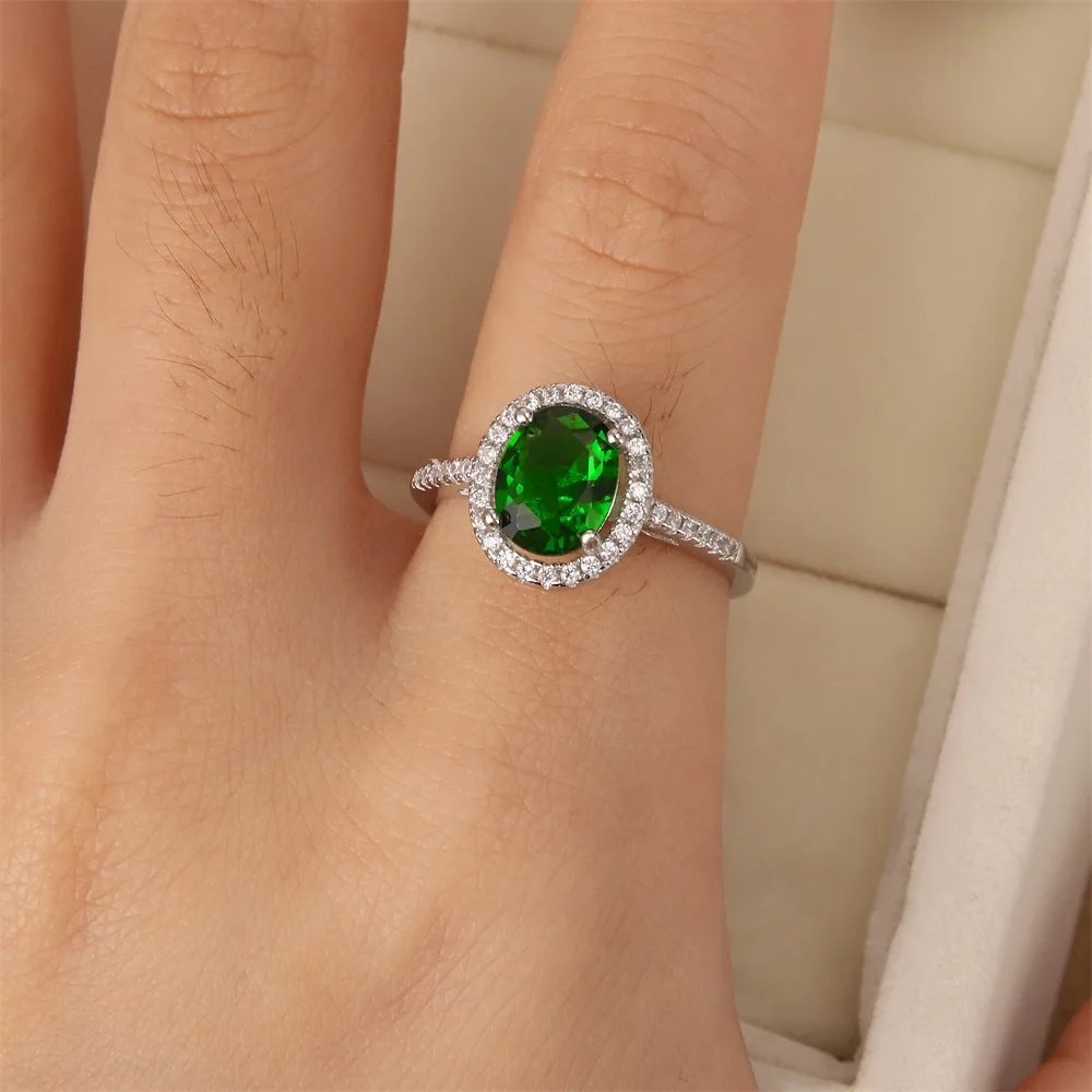 

European and American S925 Silver Ring women's fashion diamond inlaid with oval egg shaped Dark green Topaz color gem gift