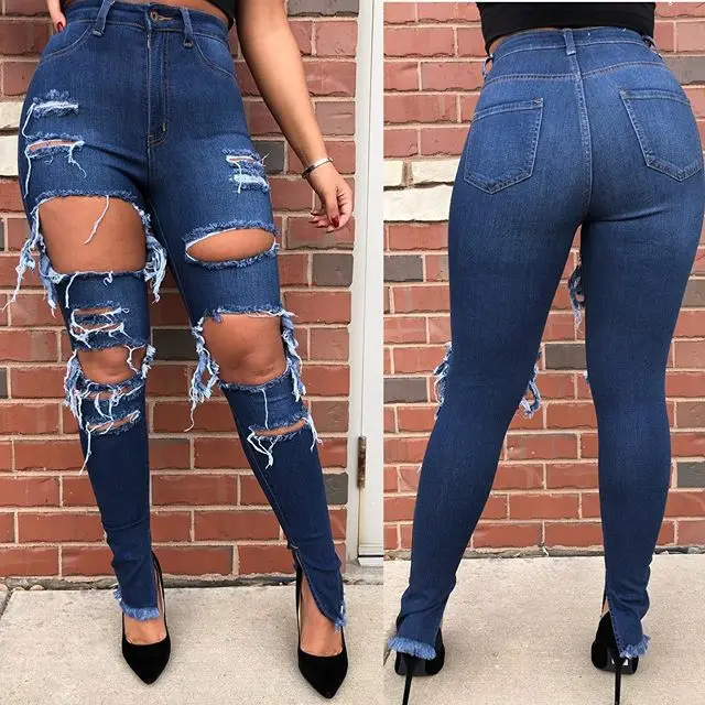 

High Street Sexy women Jeans Spring/Summer Fashion Washed Distressed hole Jeans Stretch Skinny Denim Pants Ladies Pencil Pants