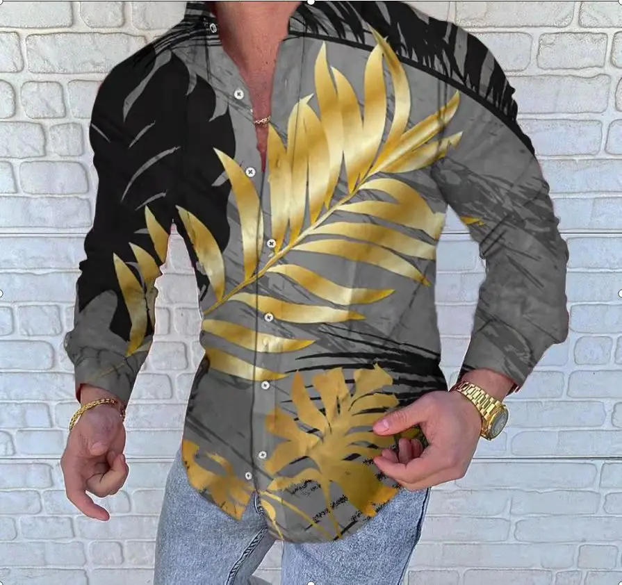 

New Big Leaves Printing Mens Shirt Casual Long Sleeve Turn-down Collar Chemise Fashion Men Buttoned Cardigan Top 2021 Autumn
