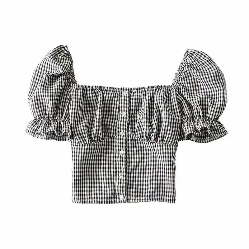 

Plaid Cardigan Women's Side Collar Single-row Button-down Bubble Short-sleeved Shirt Short Shirt Short Jacket 100-set DLSY1915