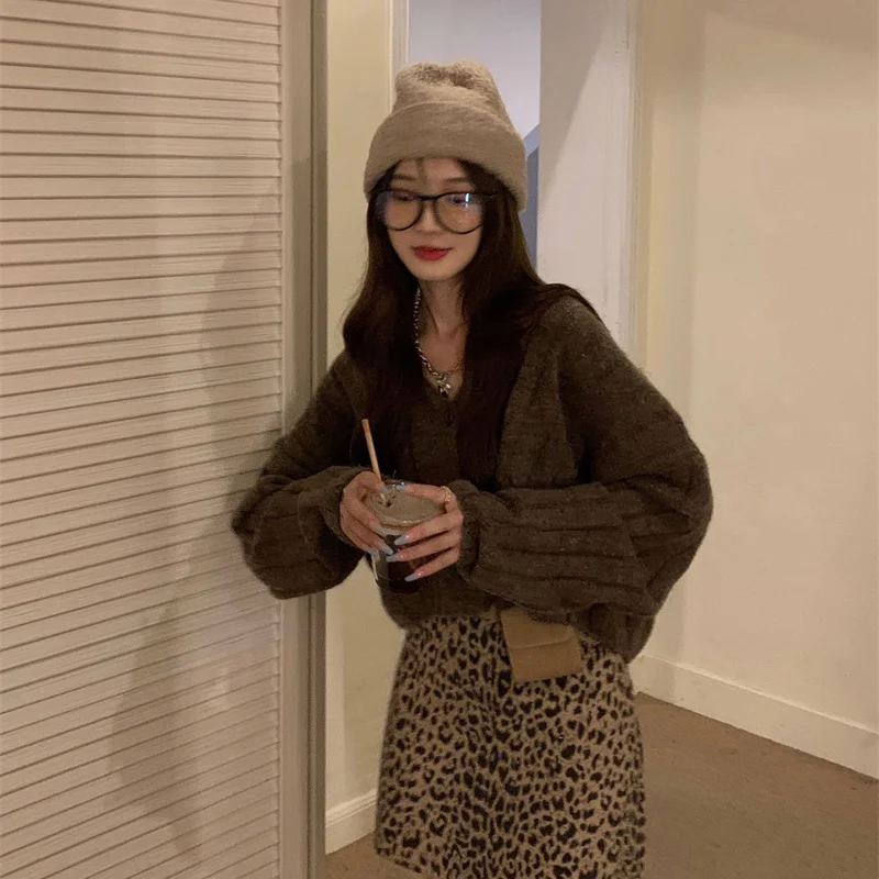 Женский корейский Кардиган кофейный однобортный шерстяной короткий вязаный