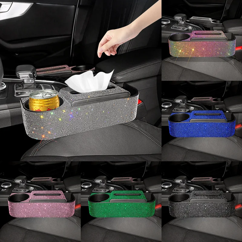 

Colorful Rhinestones Multifunctional 3 In 1 Cup Rack Tissue Box Car Seat Crevical Gap Storage Box