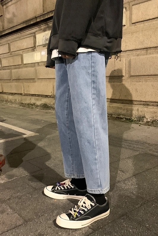 

2019 Autumn And Winter New Neutral Couple Youth Popular Wild Straight Pants Fashion Casual Solid Color Loose Jeans Blue / Black