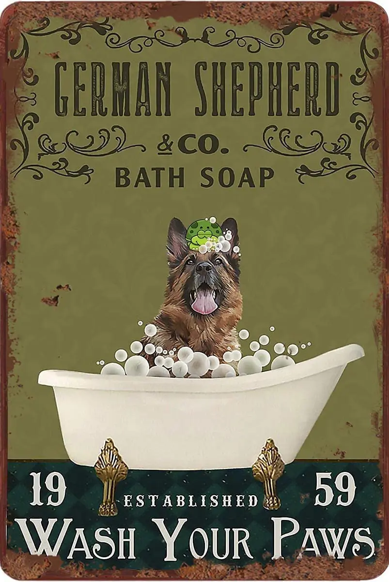 

German Shepherd Bathing Soaping Paws Retro Metal Tin Sign Dog Lover Life Interesting Decor 20x30cm Poster Metal Painting 2022